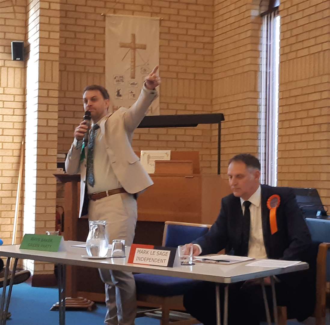Rhys Baker (Green Party) speaks to the audience at Holbeach Methodist Church