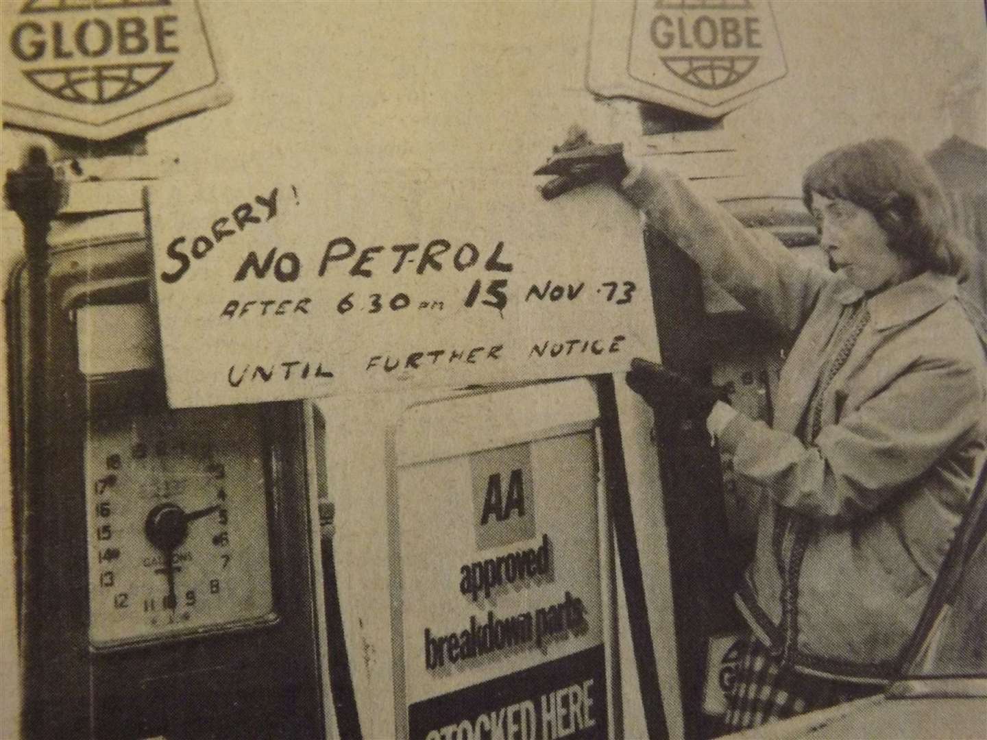 50 years ago: November 23, 1973 – A customer, Mrs M. Wood, registers her dismay at the sign at Northfield's garage, Stamford.