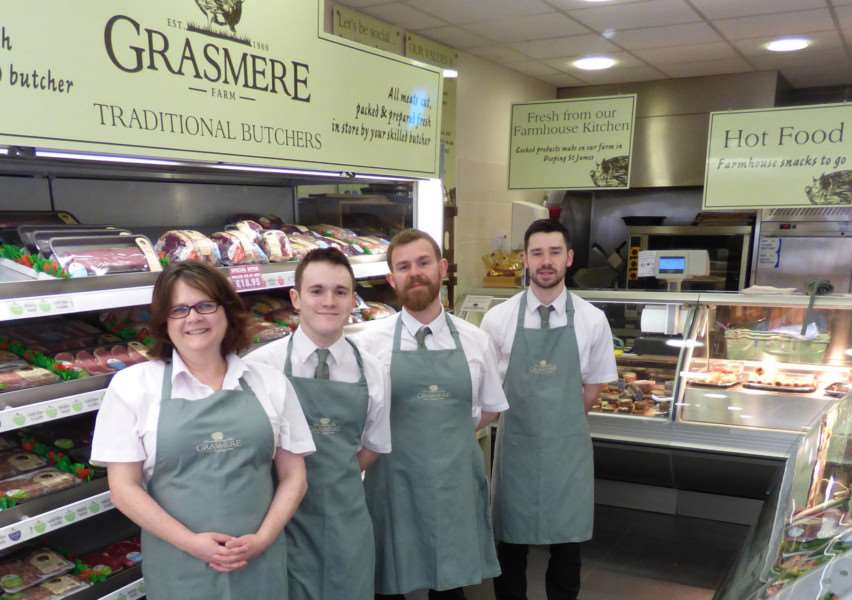 Manager Dave West, second right, with his team, from left, Debs Stokes, Tom Howsam and Liam Dalton at Grasmere Farm Traditional Butchers in Stamford, now a member of the national Butchers Q Guild EMN-160518-134618001