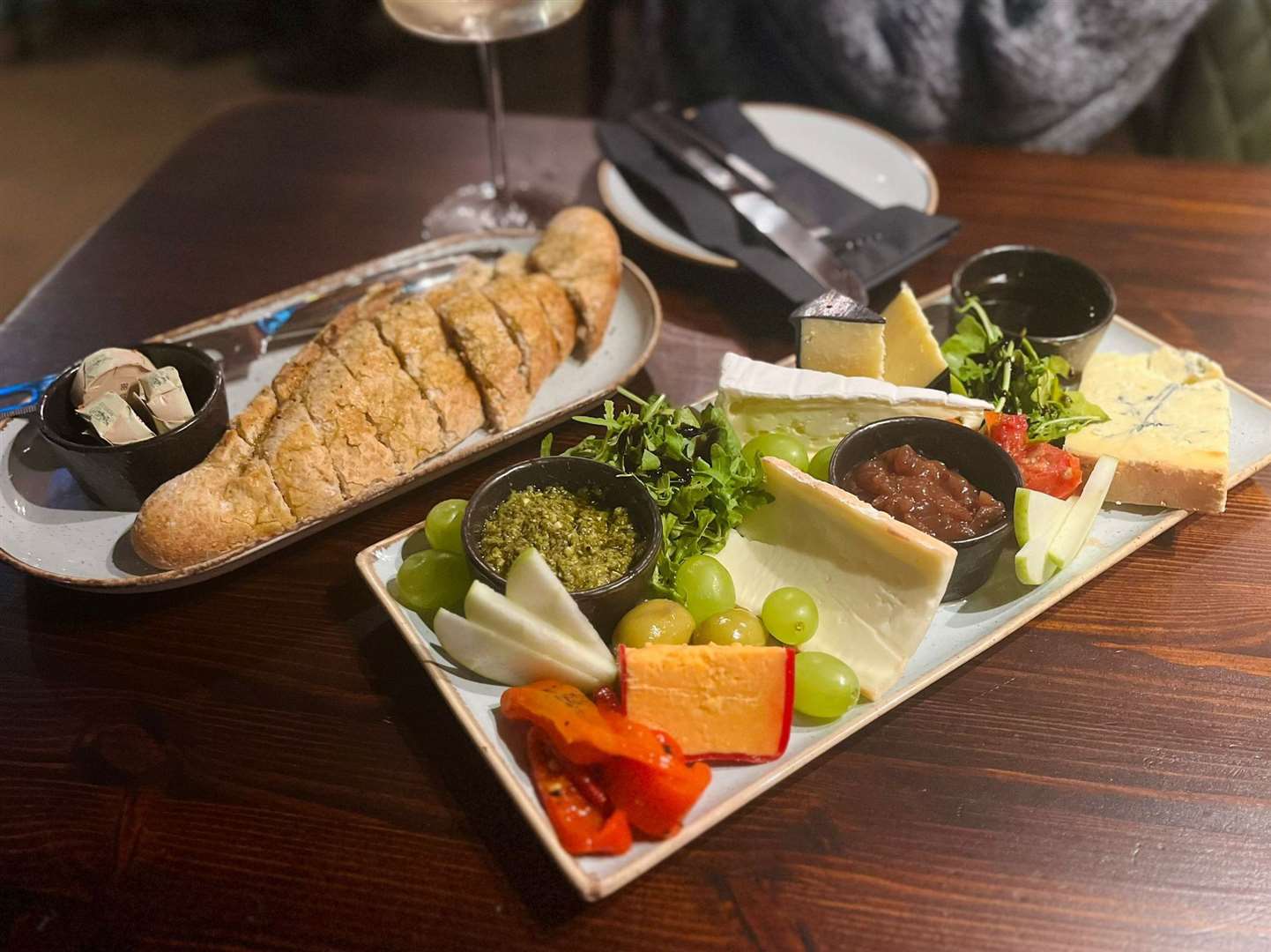 The cheese board and accompanying ciabatta.