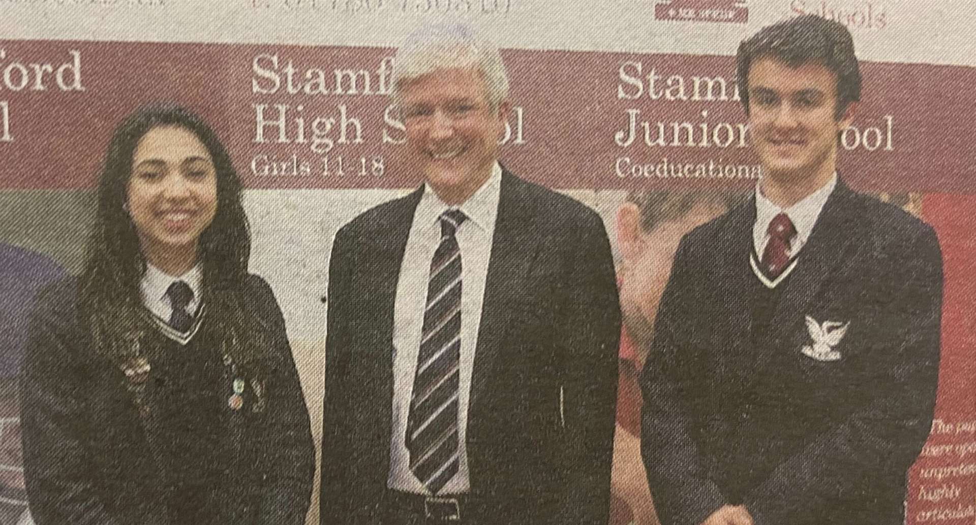 Director general of the BBC Lord Tony Hall with Stamford High School head girl Hannah Yogasundram and Stamford School head boy Thomas Davies 10 years ago.