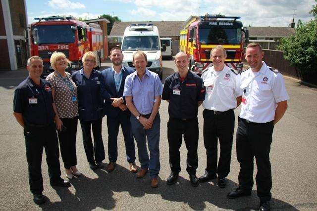 Officials at the launch of a new pilot which will see the National Health Service Blood and Transplant (NHSBT) hold blood donor sessions at Lincolnshire Fire and Rescue stations around the county. From left: Firefighter Dave Thacker, Mary Whiston (NHSBT Liaison Team, Heike Goedelt-Russell (NHSBT), Jamie Moore (NHSBT Assistant Director of Strategy, Cllr Nick Worth, Firefighter Nick Hull, Chief Fire Officer Nick Borrill and Divisional Commander David Gilbert. (2788260)