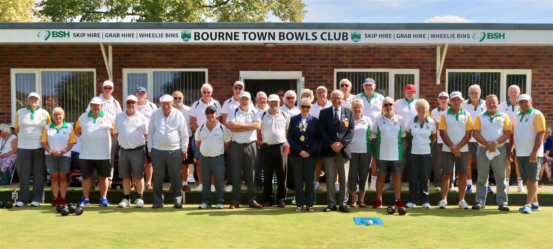 All the teams competing in the Duncomb Shield Final before the start of play, with president Rita Downs and chairman Charlie Underwood