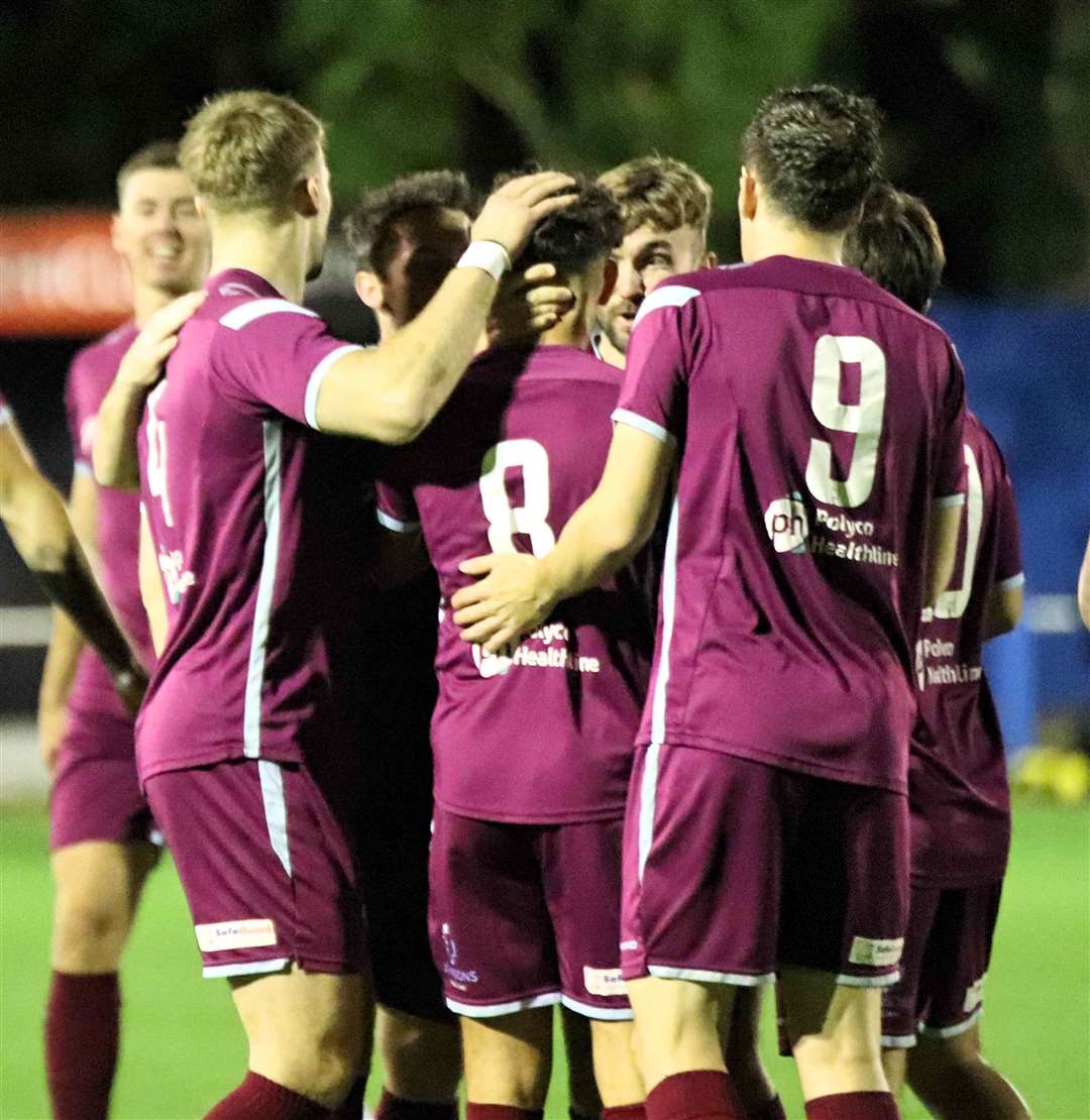 Bourne celebrate their goal at Boston. Photo: Dave Mears