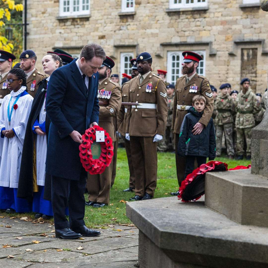 MP Gareth Davies lays a wreath on Remembrance Sunday at St Wulfram's Church in Grantham.