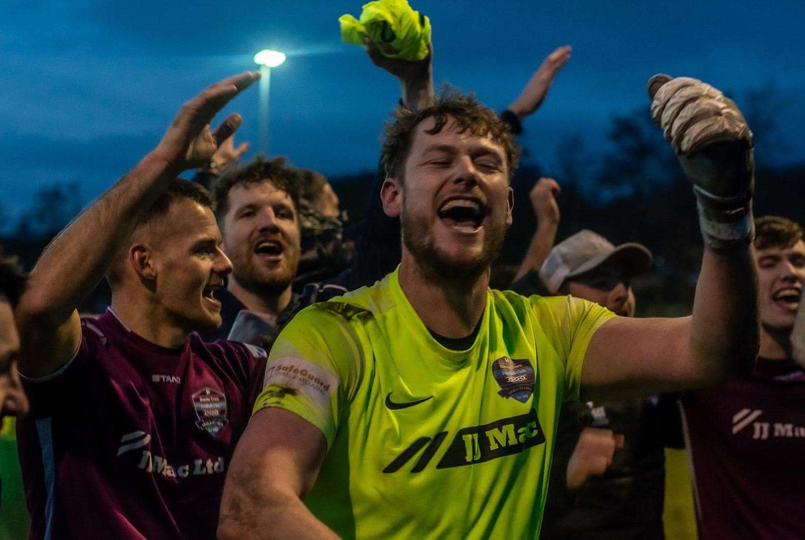 Goalkeeper Dan Swan leads the celebrations after helping Bourne Town book their place in the quarter-finals of the FA Vase. Swan saved three penalties in a sudden death shoot-out success as the Wakes defeated Atherton Laburnum Rovers. Photo: Dan Allen