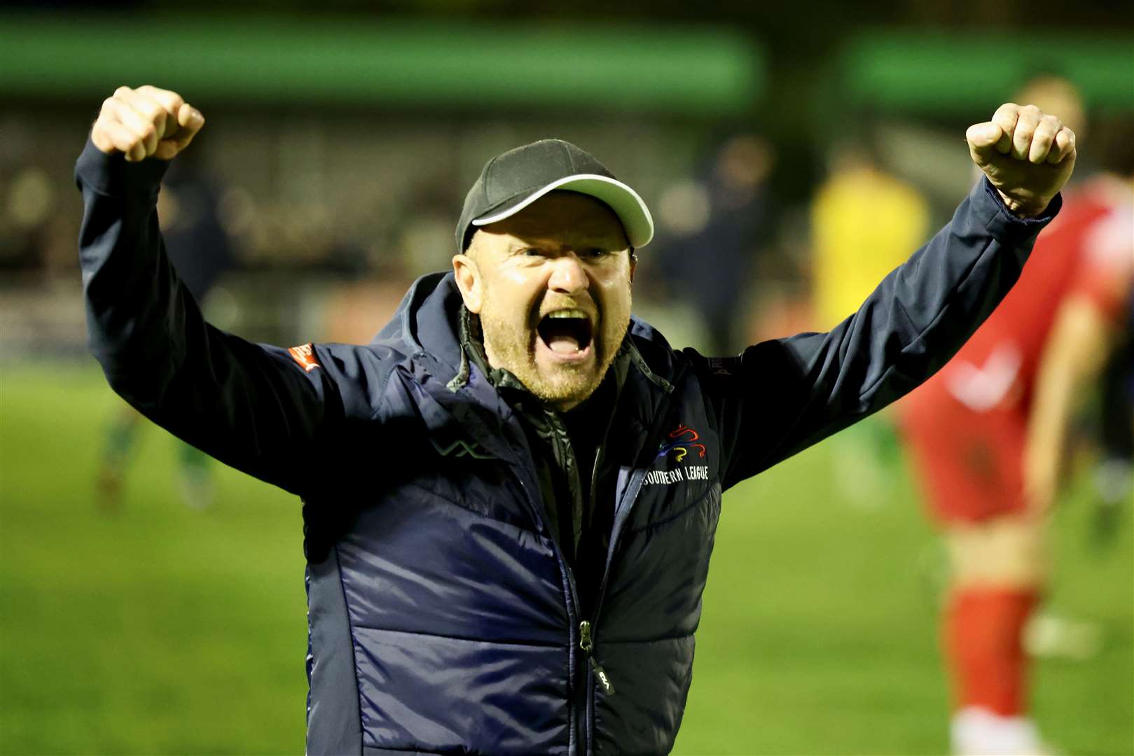 Manager Graham Drury celebrates Saturday's success at Hitchin. Photo: Rob O'Brien