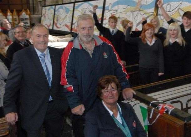 Stuart Storey with Geoff Capes and Sally Reddin at University Academy Holbeach where commemorative mosaics were unveiled to mark the London 2012 Olympics. Photo by Tim Wilson. SG040712-244TW.