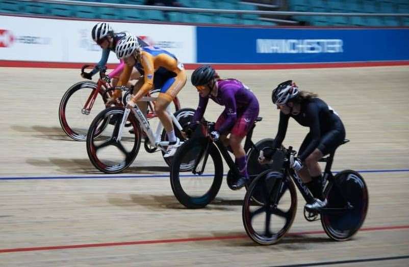 Maddie Gammons (right) sets out on her way to winning gold in the elimination race at the BUCS Track Cycling Championships in Manchester. Photo supplied.