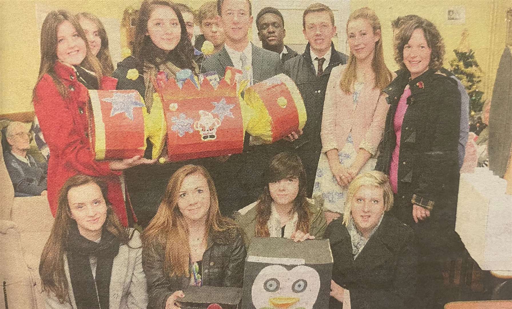 Bourne Academy pupils with their finished hampers 10 years ago.
