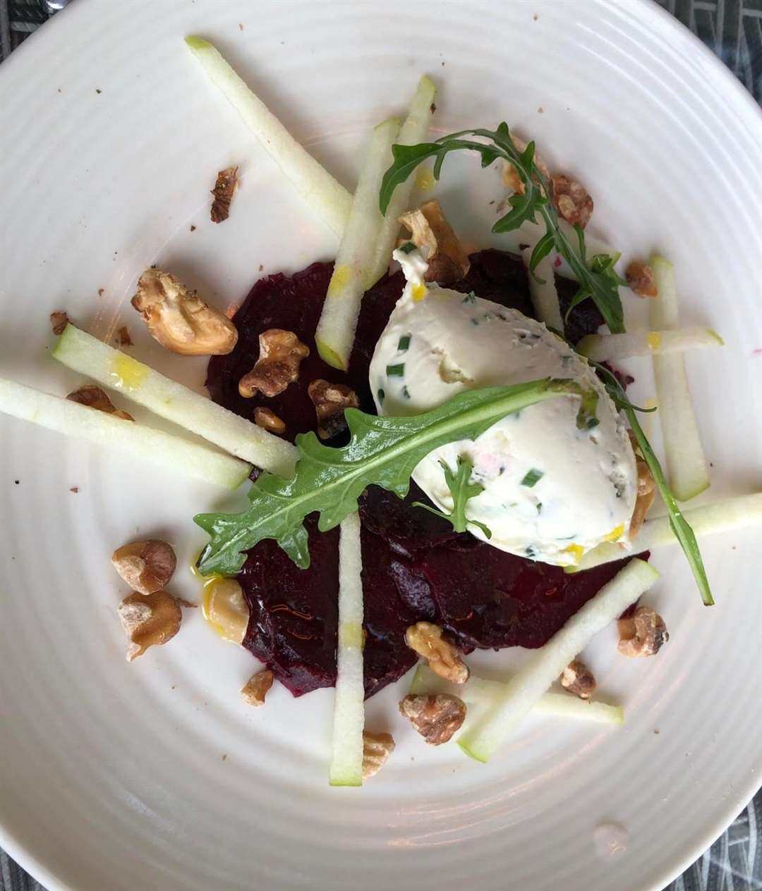 The goat's cheese parfait starter with roast beetroot, apple and walnuts
