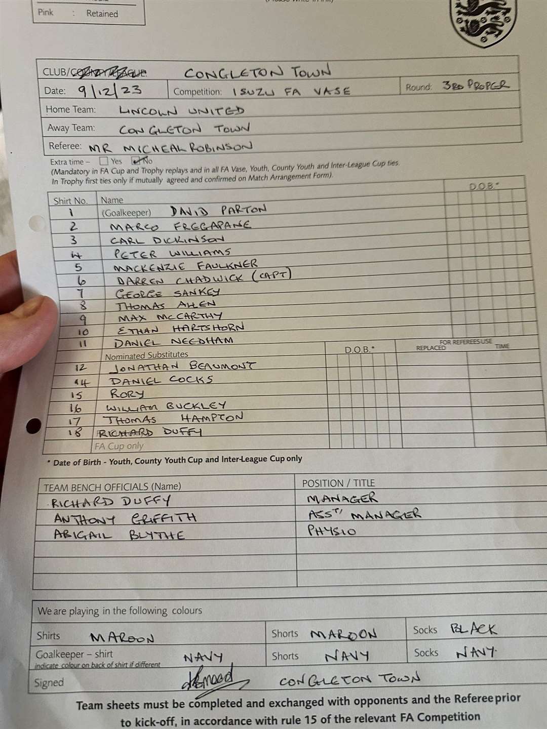 Congleton Town team sheet. Image: @CongletonFC twitter.