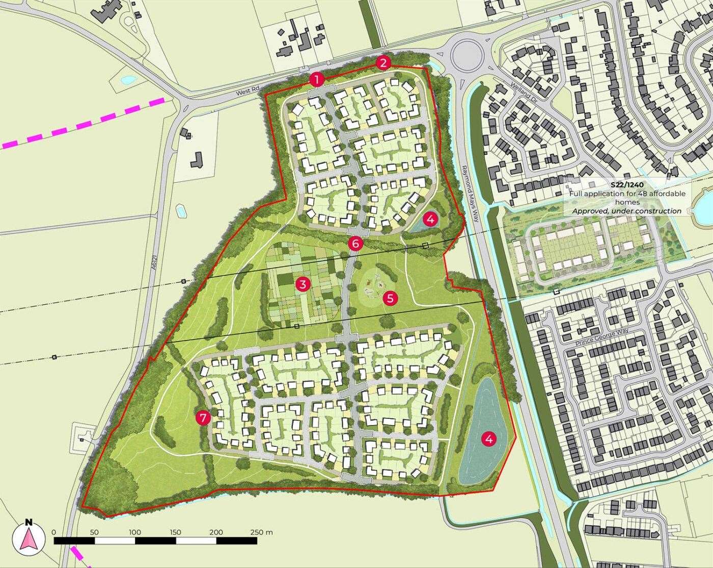 Barratt Redrow's master plan for the site. 1 road access; 2 pedestrian/cycle link; 3 allotments; 4 ponds; 5 play area; 6 spine road; 7 hedgerows