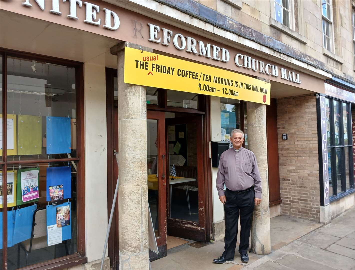 The Rev Peter Stevenson outside the church hall in Broad Street, Stamford