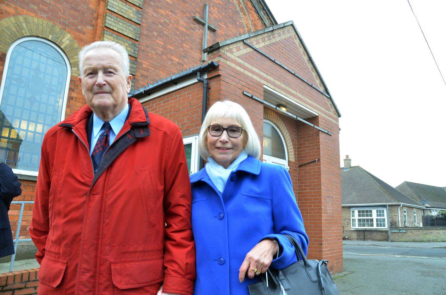 Peter and Janet Borst (front centre and second right) outside St Thomas's Road Methodist Church, now owned by St Norbert's Roman Catholic Church, Spalding, after a £300,000 gift from Mr Borst. Photo (TIM WILSON):SG-231118-007TW