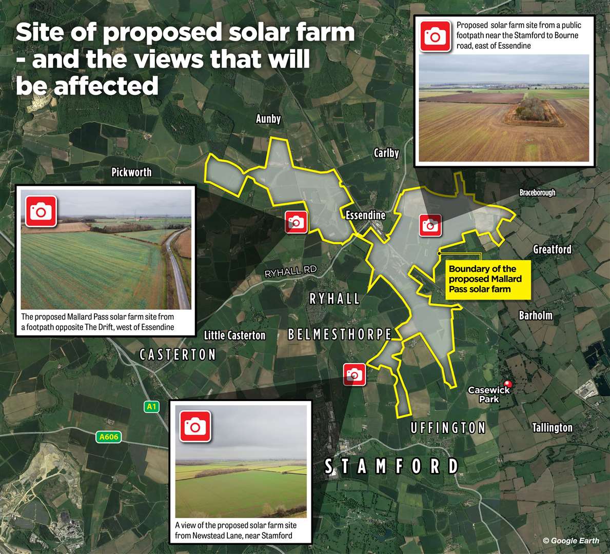 The Mallard Pass solar farm proposal. Aerial photography by Alan Walters. Graphic by Iliffe Design