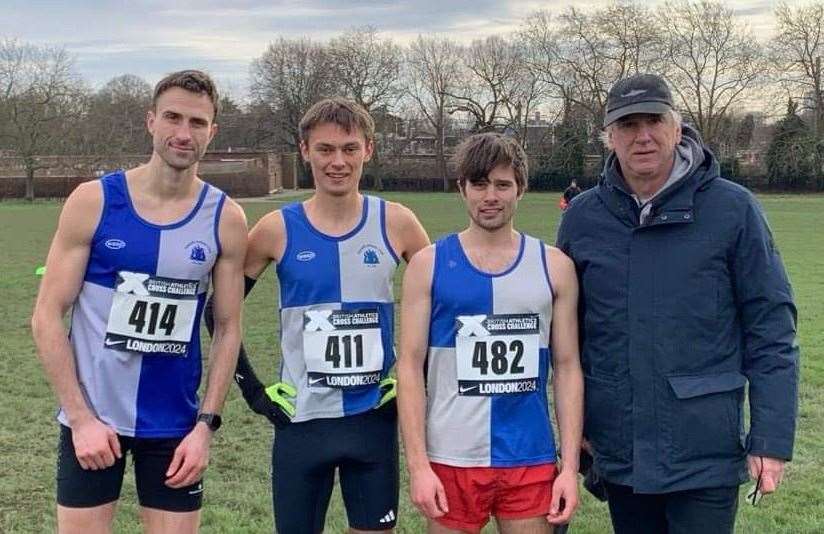 Ed Buck, Elliot Rasmussen- Smith and Marcus Chesterton, of Newark Athletic Club’s endurance group, ran in the London International Cross-country at Parliament Hill. Pictured with coach Bill Taylor.