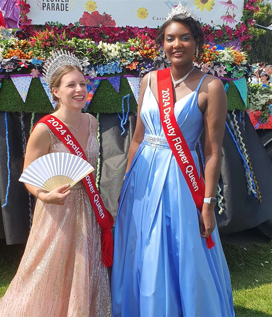 Flower Queen Rebecca Roberts and Deputy Demi Gilchrist Fontaine at Spalding Flower Parade 2024. PHOTO: Jenny Beake