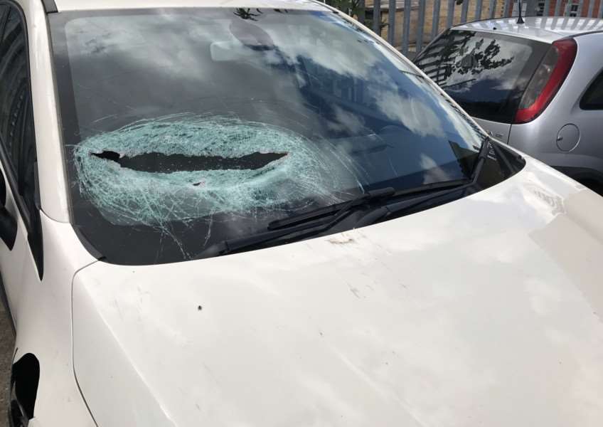 Metal crashed through Katie's car windscreen narrowly missing her four-year-old son.