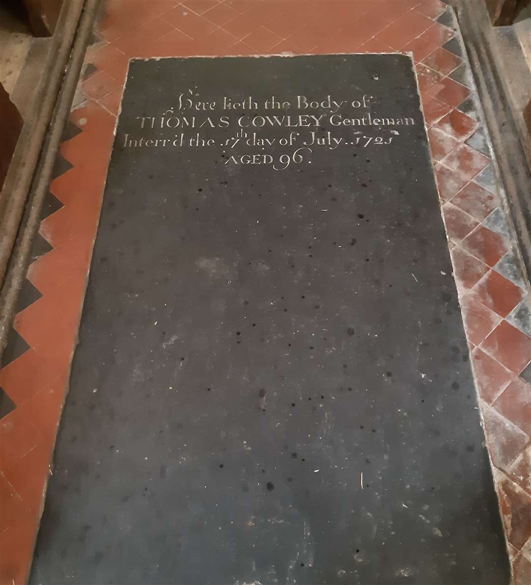 The ledger stone to commemorate Thomas Cowley in St Mary and the Holy Rood Church in Donington