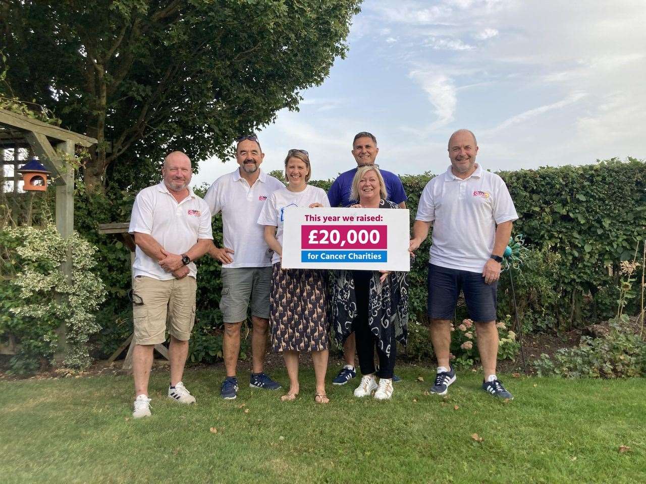 Left to right: John Copley, Phil Noon, Dora Walls (Dove Hospice), Lynn Copley (St Barnabas), Greg Herbert and Johnnie Watchorn.
