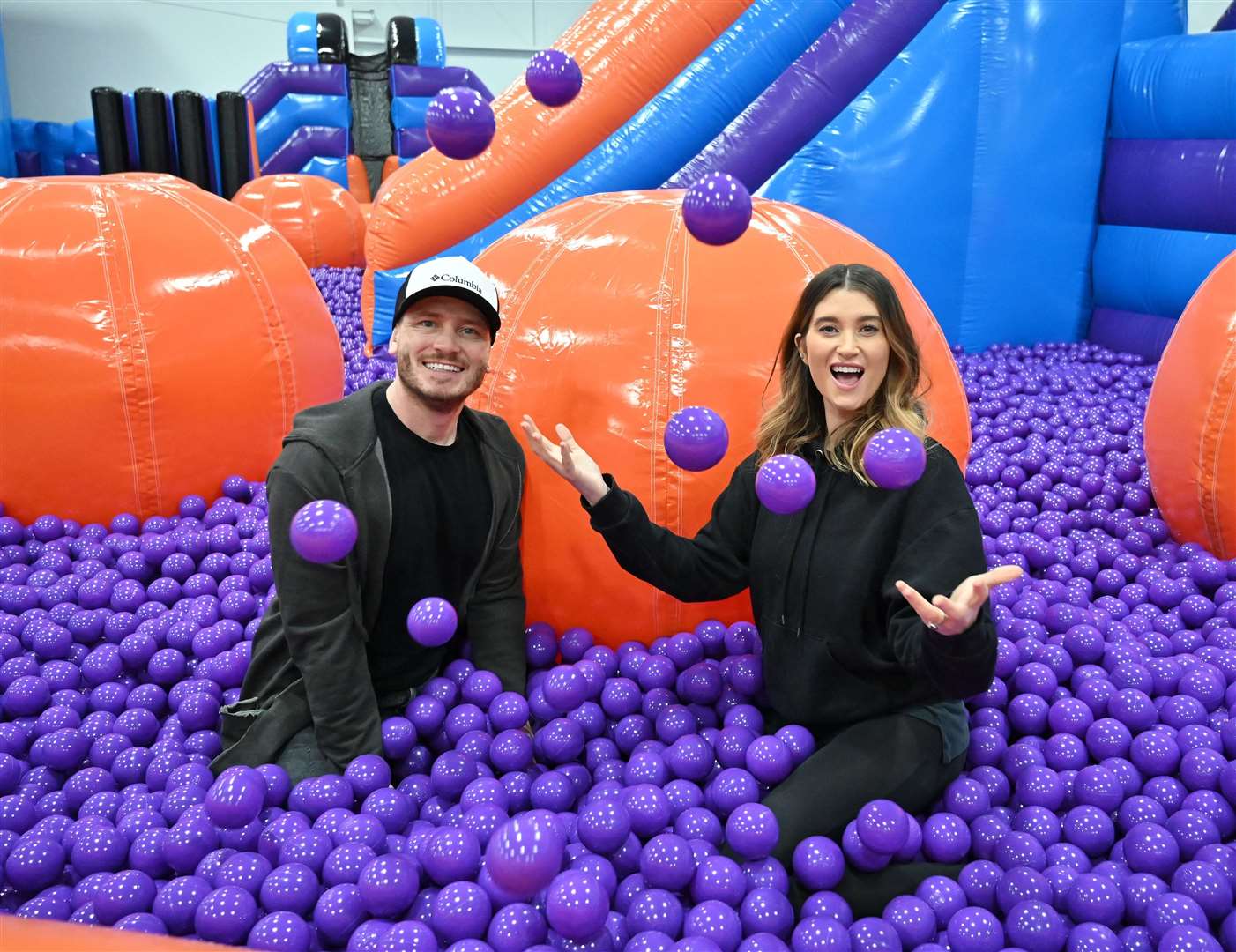 Emmerdale actors Matthew Wolfenden and Charley Webb at the launch of Inflata Nation Peterborough