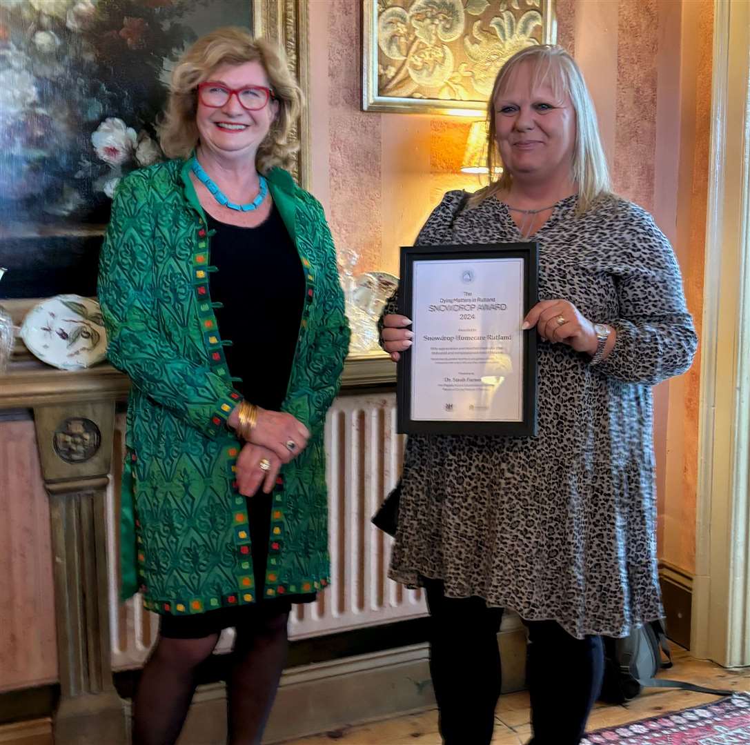 The Lord Lieutenant of Rutland, Dr Sarah Furness with Louise Bloor, director at Snowdrop Home Care Rutland, a winner of the Rutland Snowdrop Award 2024