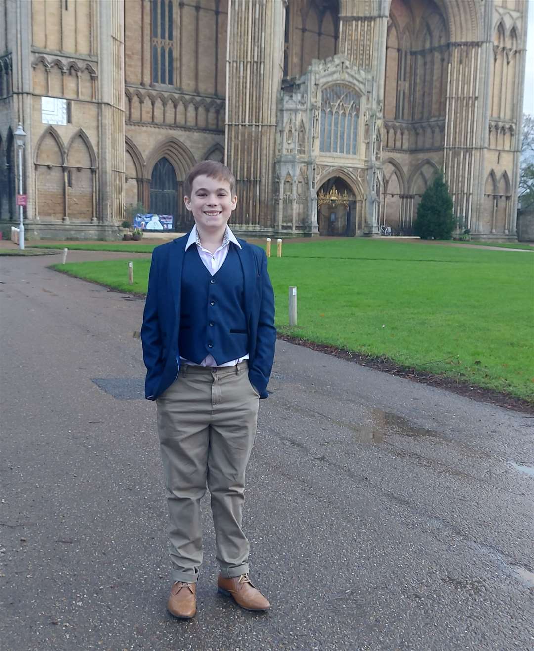 Charlie outside Peterborough Cathedral