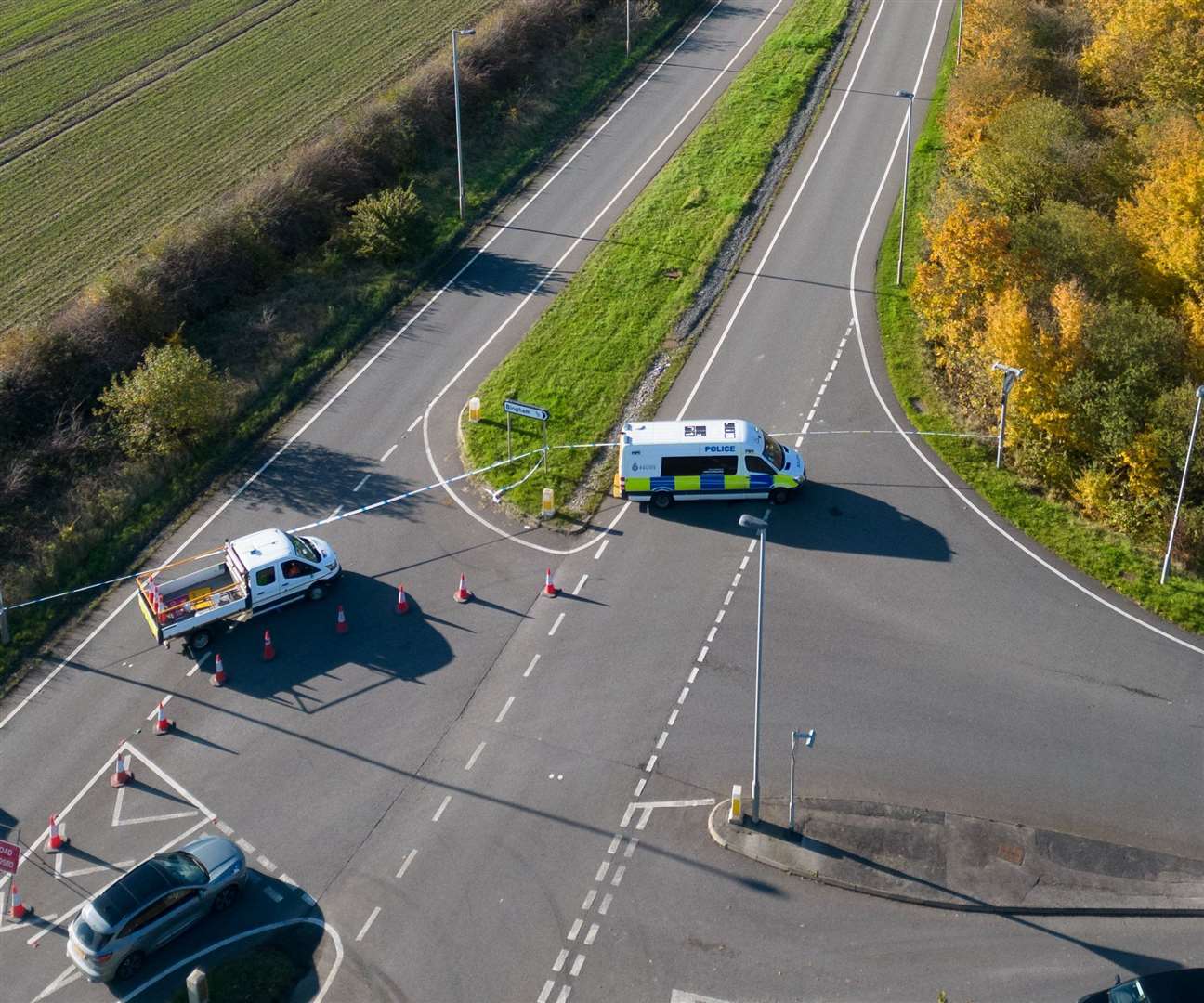 Police cordon off a blood stained A52 near Bingham, Nottinghamshire, after a man died of head injuries. Photo taken November 10, 2023. Image: Tom Maddick / SWNS.