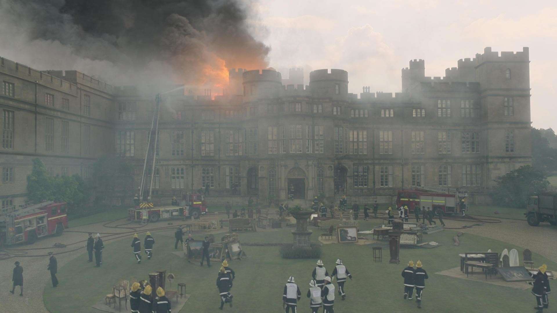 The Windsor Castle Fire being filmed at Burghley House. Photo: Netflix