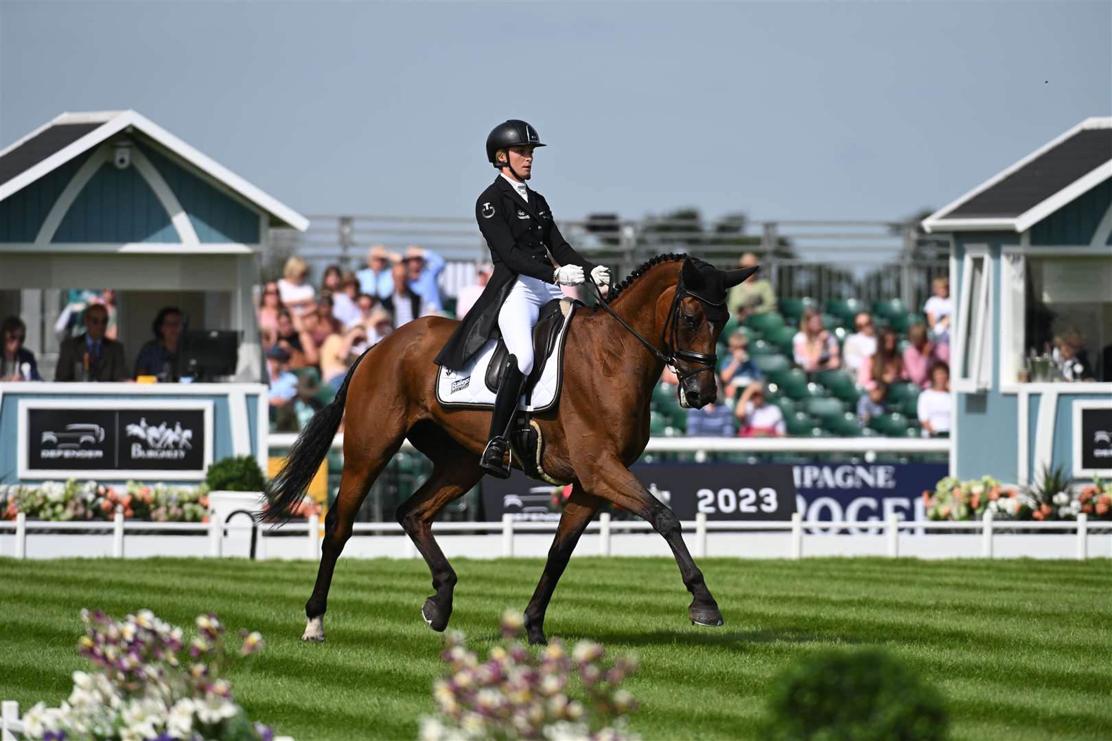 Emily King riding Valmy Biats for GBR in the dressage phase at the Defender Burghley Horse Trials, in the parkland of Burghley House near Stamford in Lincolnshire in the UK on the 30th August to 3 September 2023.