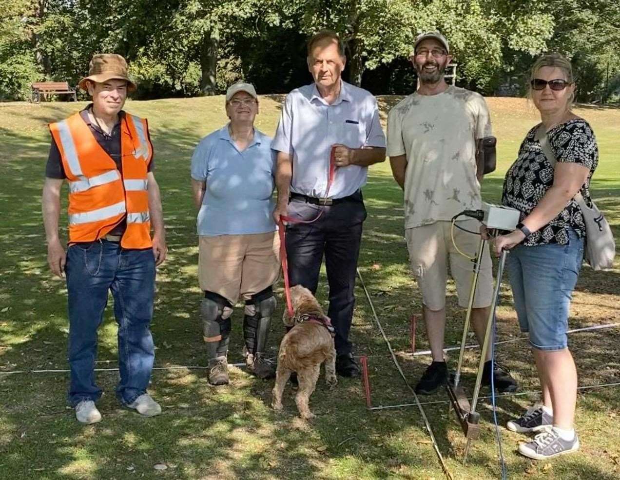 Conducting the survey on the Wellhead, from left - Peter and Aileen Ball (Grantham Archaeological Group), Trevor Hollinshead (Bourne United Charities), Steve Giullari and June Simmons-Brown