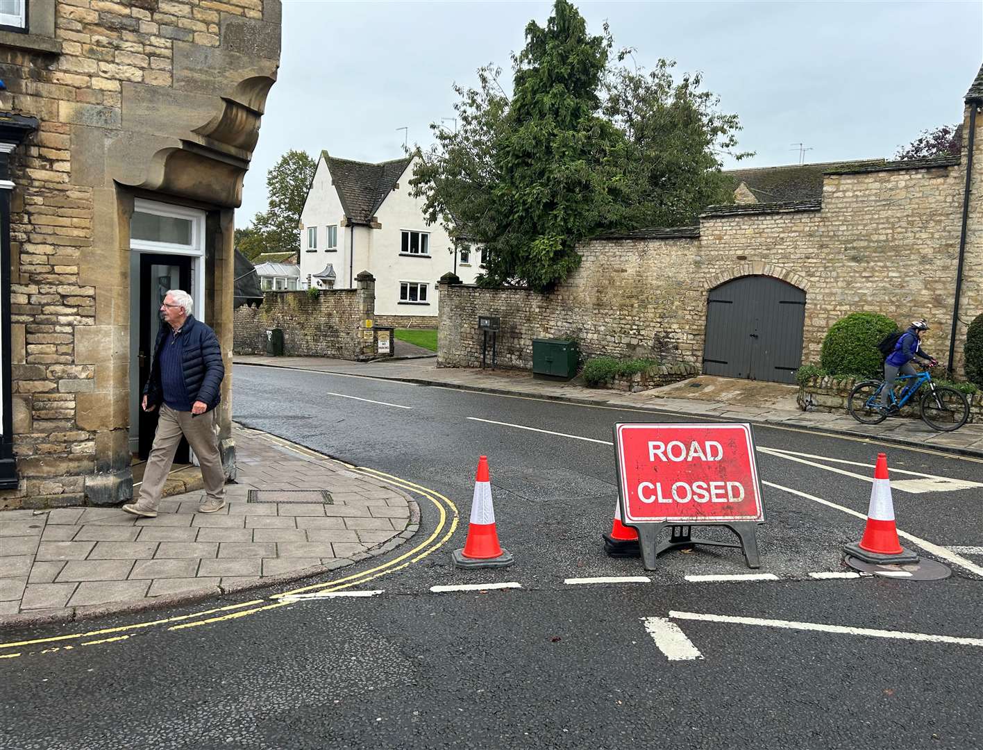 A road closed sign remained up but cars were still parked in Bath Row, Stamford