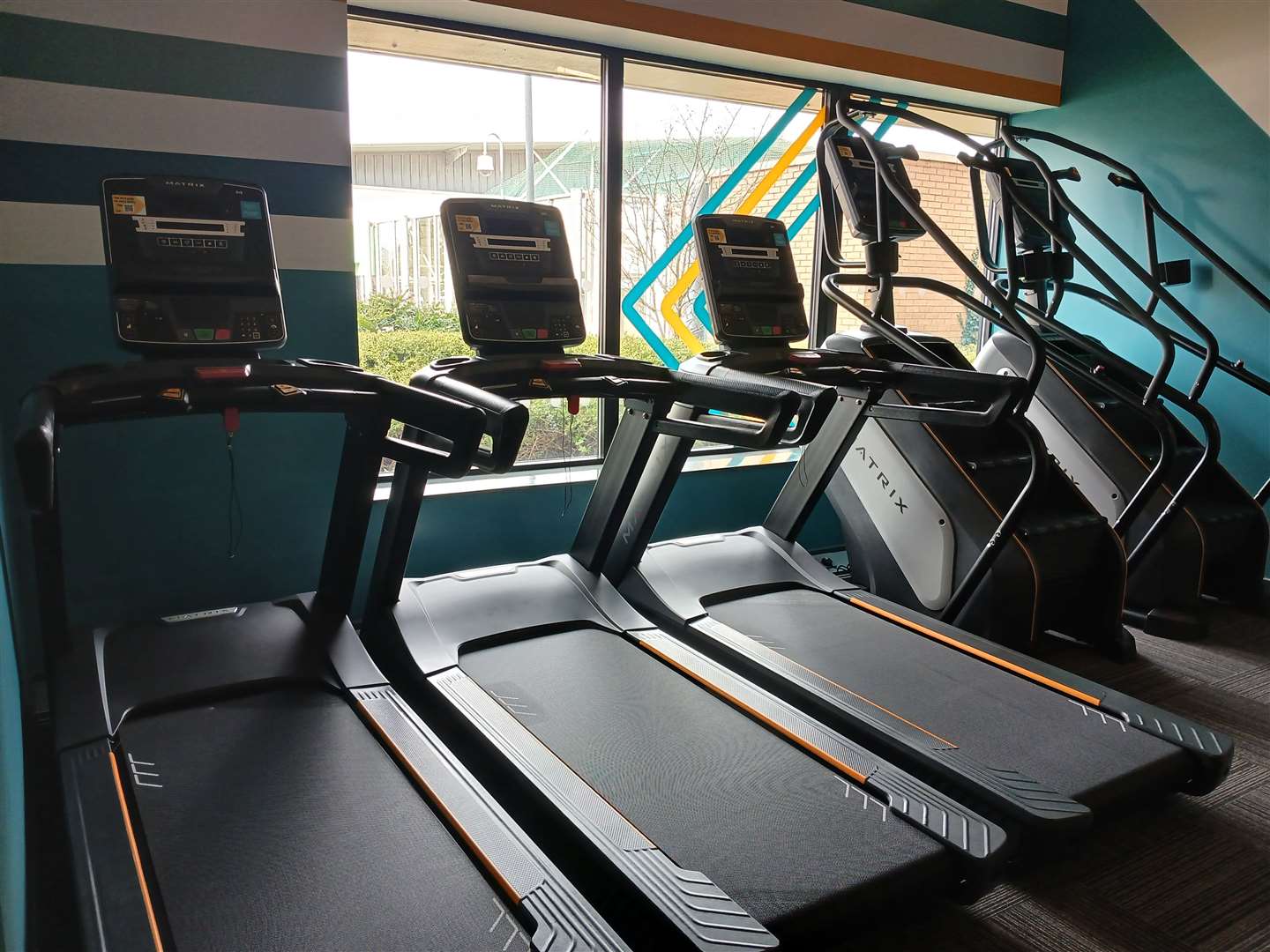 Cardio machines look out of the front of the gym