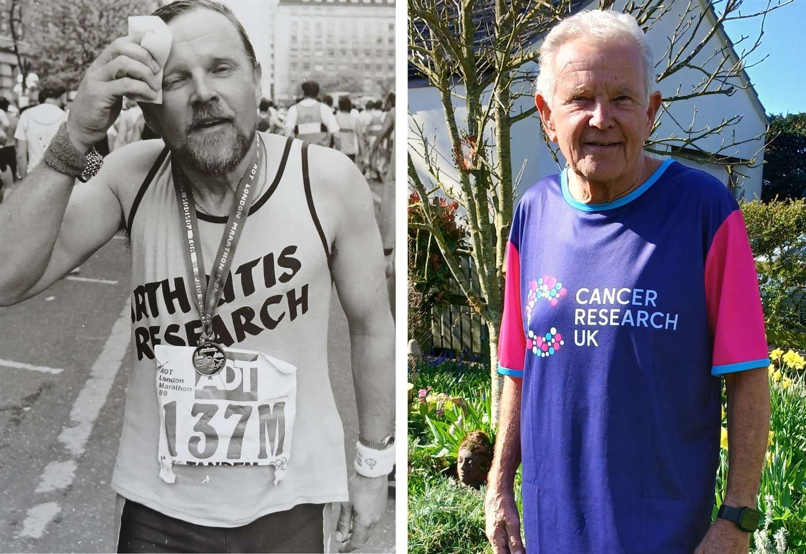 Geoff Burgoin after the London Marathon in 1989 and before his 2025 attempt, aged 80