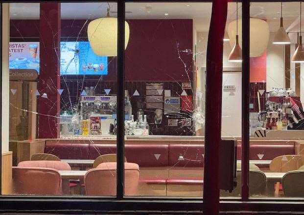 The windows were smashed last night at Costa in Bourne. Photo: Jason Richardson