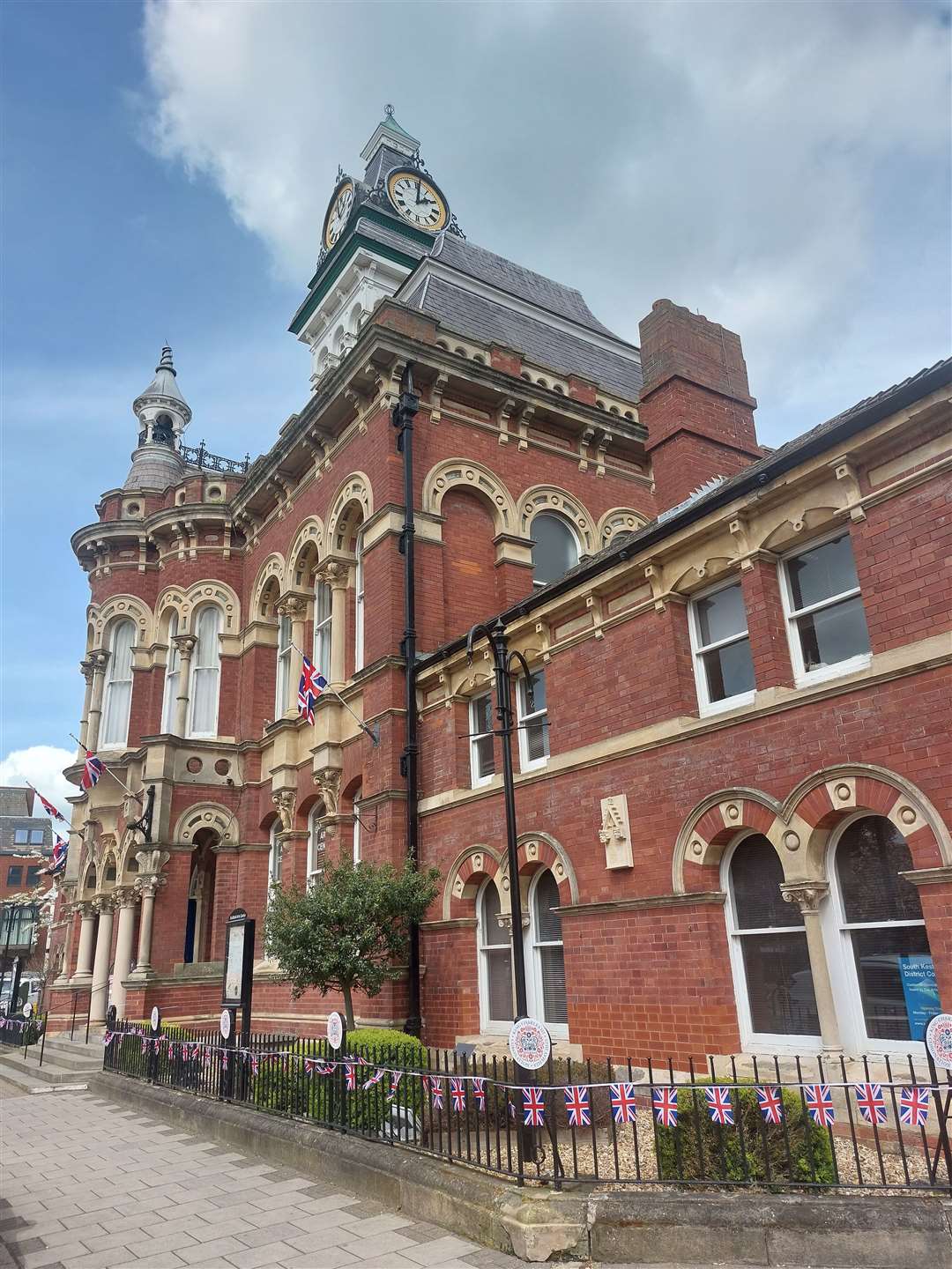 Bunting around the Guildhall Arts Centre, in front of which a coronation picnic will be held