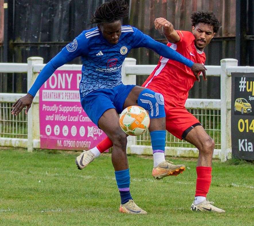 Action from Harrowby's home defeat to Melton Town. Photo: Steve Nesbitt @lincssnapper