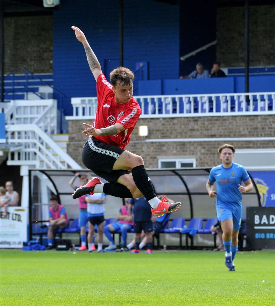 Logan Tate scores the second Pinchbeck goal. Photo: Chris Lowndes