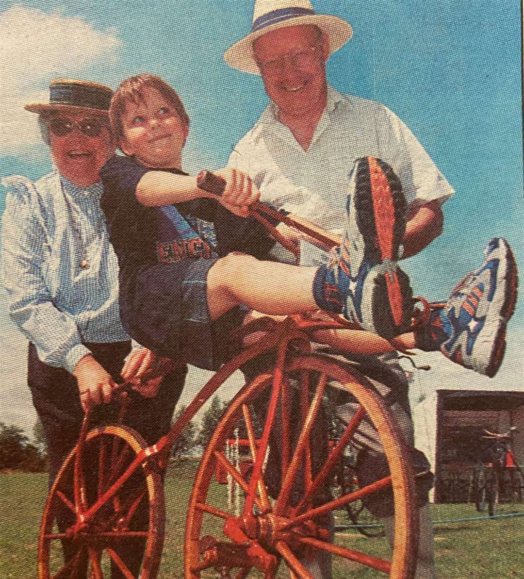 Cliff and Jane Denton (Peterborough Vintage Cycle Club) with Eddie Robinson on a 1864 Michaux Velociped 25 years ago.