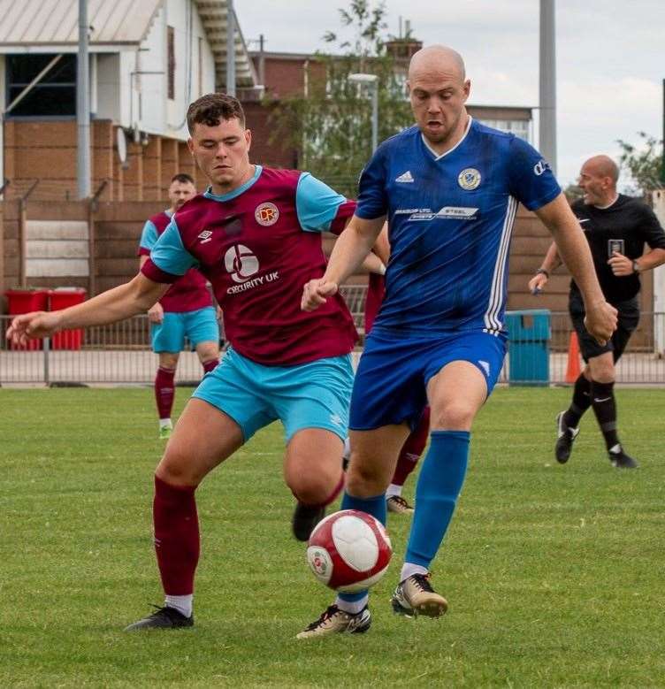 Elliot King on the ball for Harrowby in the final of the South Kesteven Charity Cup. Photo: Steve Nesbitt @lincssnapper