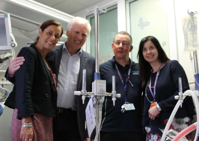 Graham and Mary Storrie at Sheffield Children's Hospital looking at the intensive care equipment they donated with Jenny Longden, who treated their murdered daughter Rosie May during her final hours in 2003, and technician Martin EMN-150615-143813001