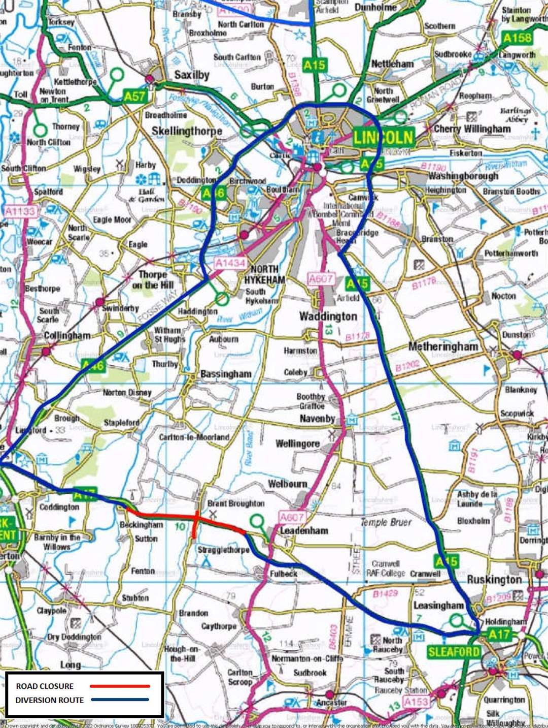 The diversion route during the A17 closures at Beckingham. (58969228)