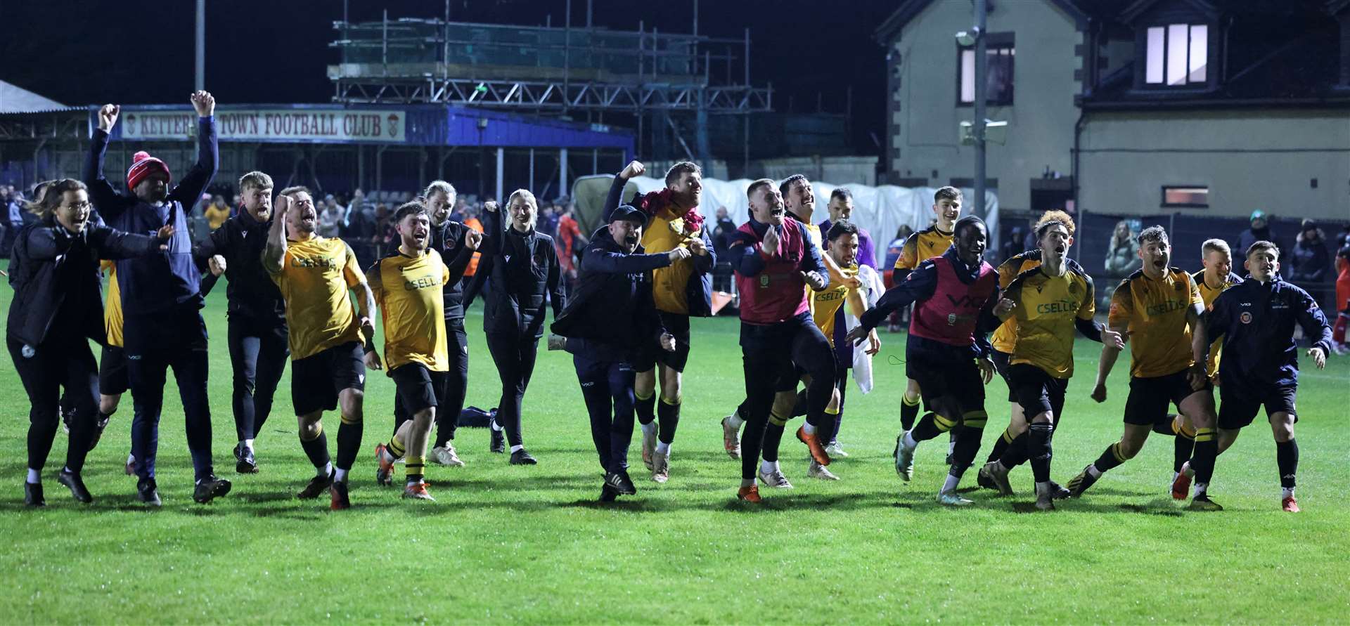 The Stamford players and management celebrate their victory at Kettering on Tuesday night. Photo: Rob O’Brien