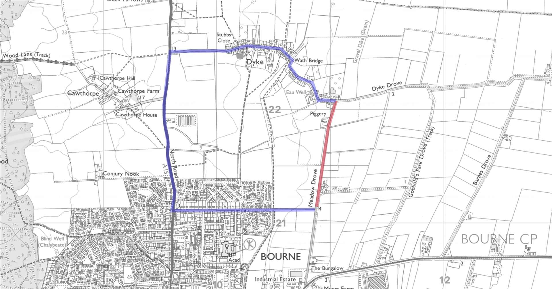 The diversion route in blue and closure in red