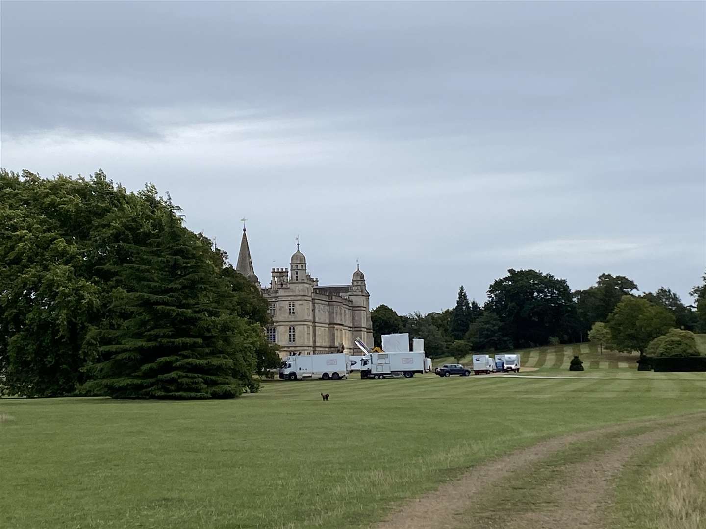 Television crews setting up for filming The Crown at Burghley House