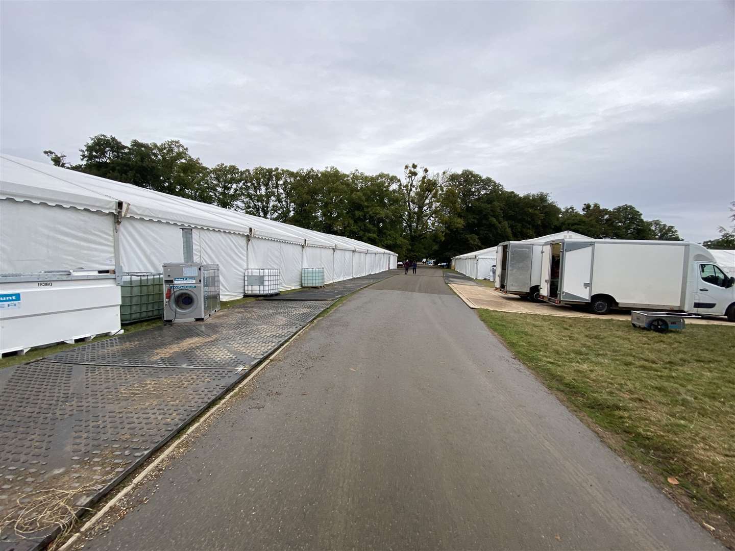 Television crews setting up for filming The Crown at Burghley House