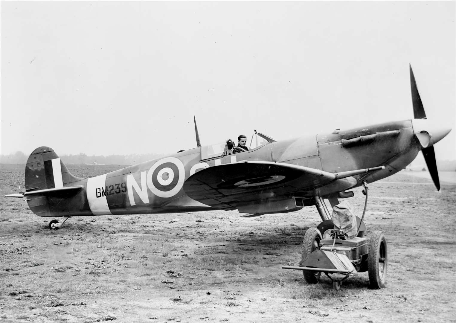 Flying Officer Johnny Pattison in the cockpit of No. 485 Squadron Spitfire