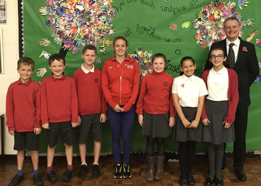 Brooke Hill Academy Sports Ambassadors, with head of school Richard Westley and elite British athlete Meghan Beesley