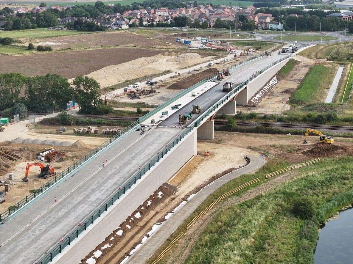 The new bridge over the railway, which forms part of the Spalding Western Relief Road. Photo: Lincolnshire County Council